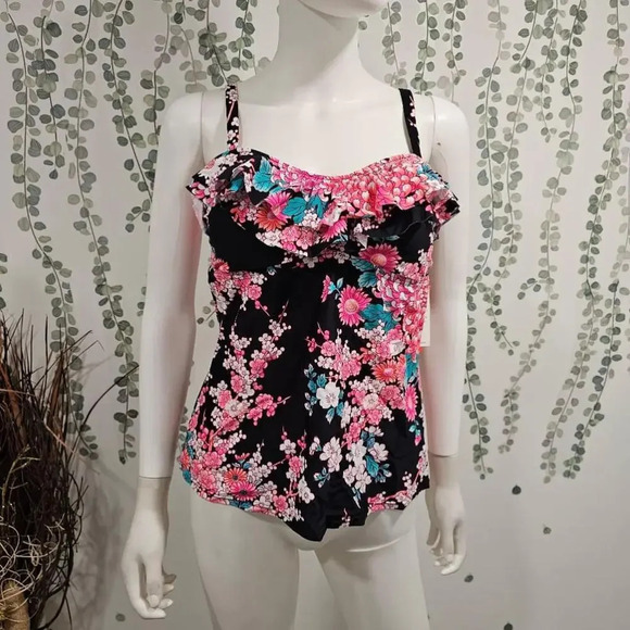 Leilani Swimsuit Size 12 Black Pink Floral tankini - Picture 1 of 8